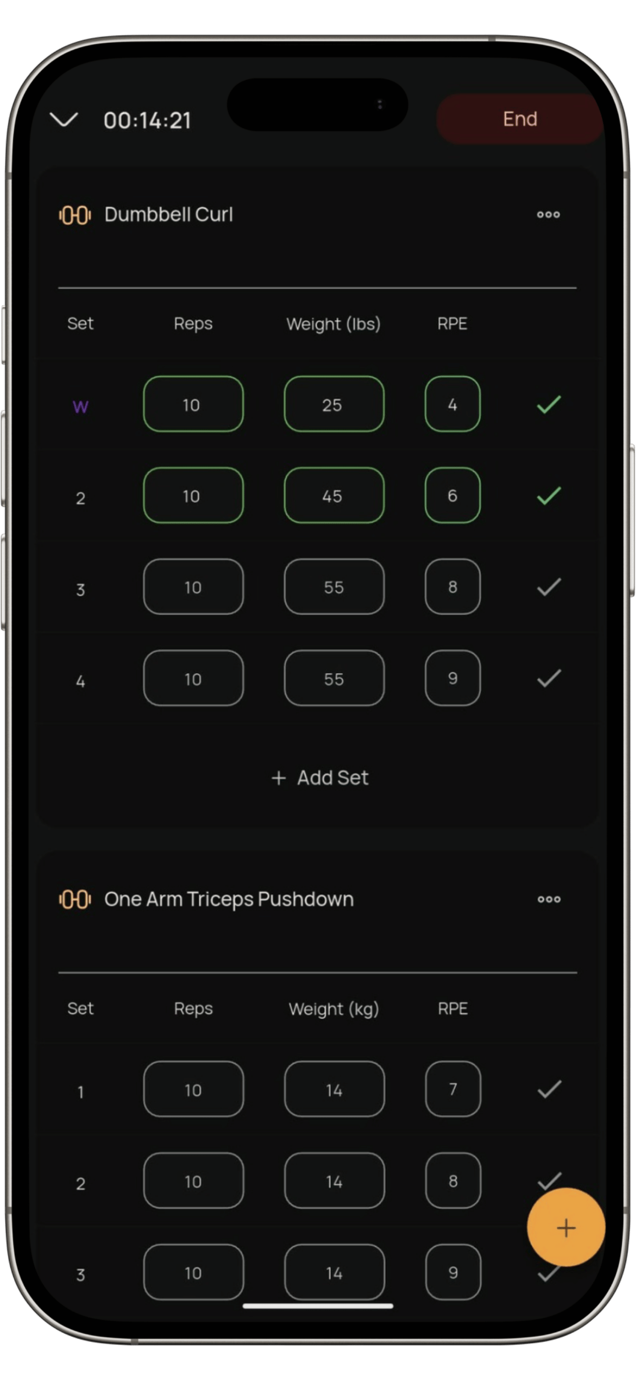 Workout logging screen showing Dumbbell Curl with reps, weight and RPE per set