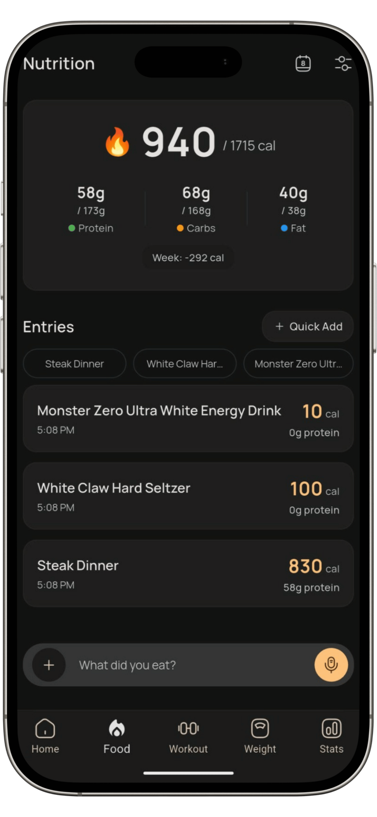 AI nutrition screen showing meals logged with calories, macros and natural language input