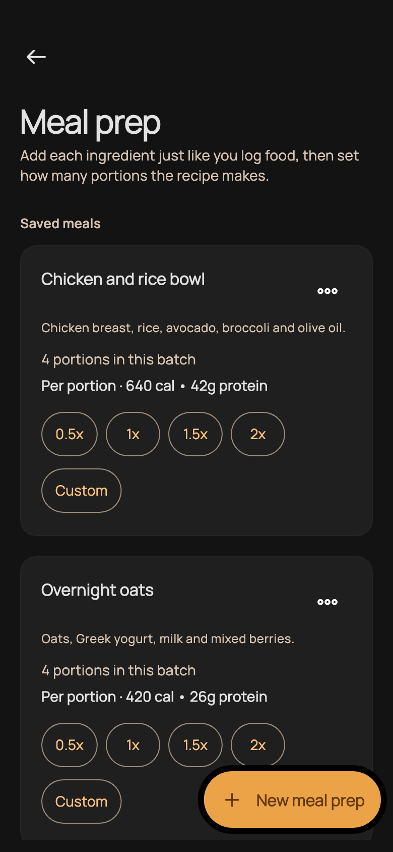 Sando meal prep with a saved recipe and its portion controls.