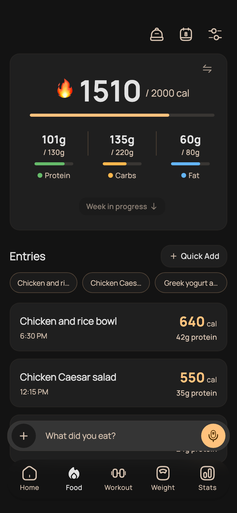 Sando food log with a daily calorie and macro summary and example meals.
