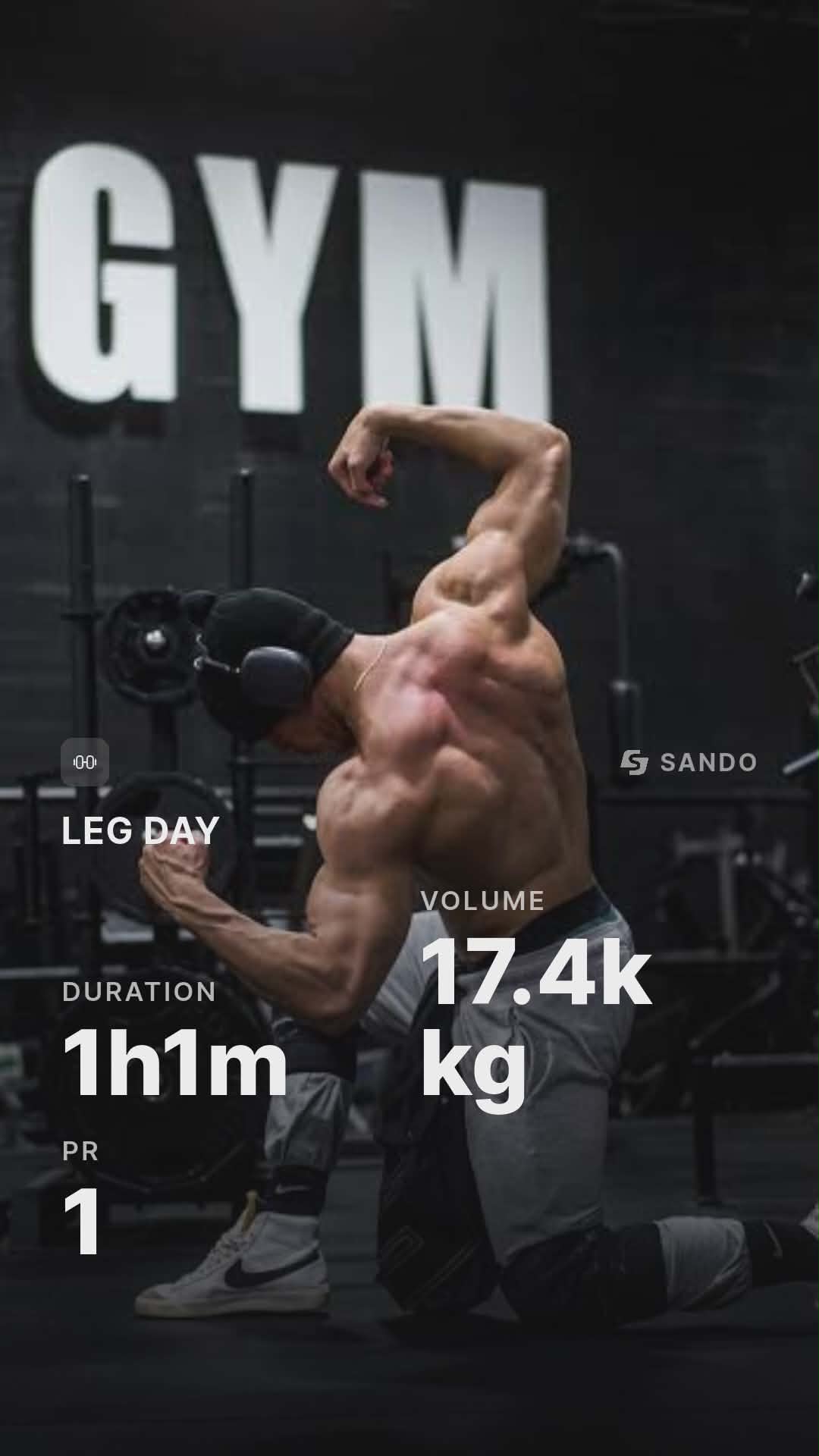 A shareable Sando workout card showing volume, duration and PR count